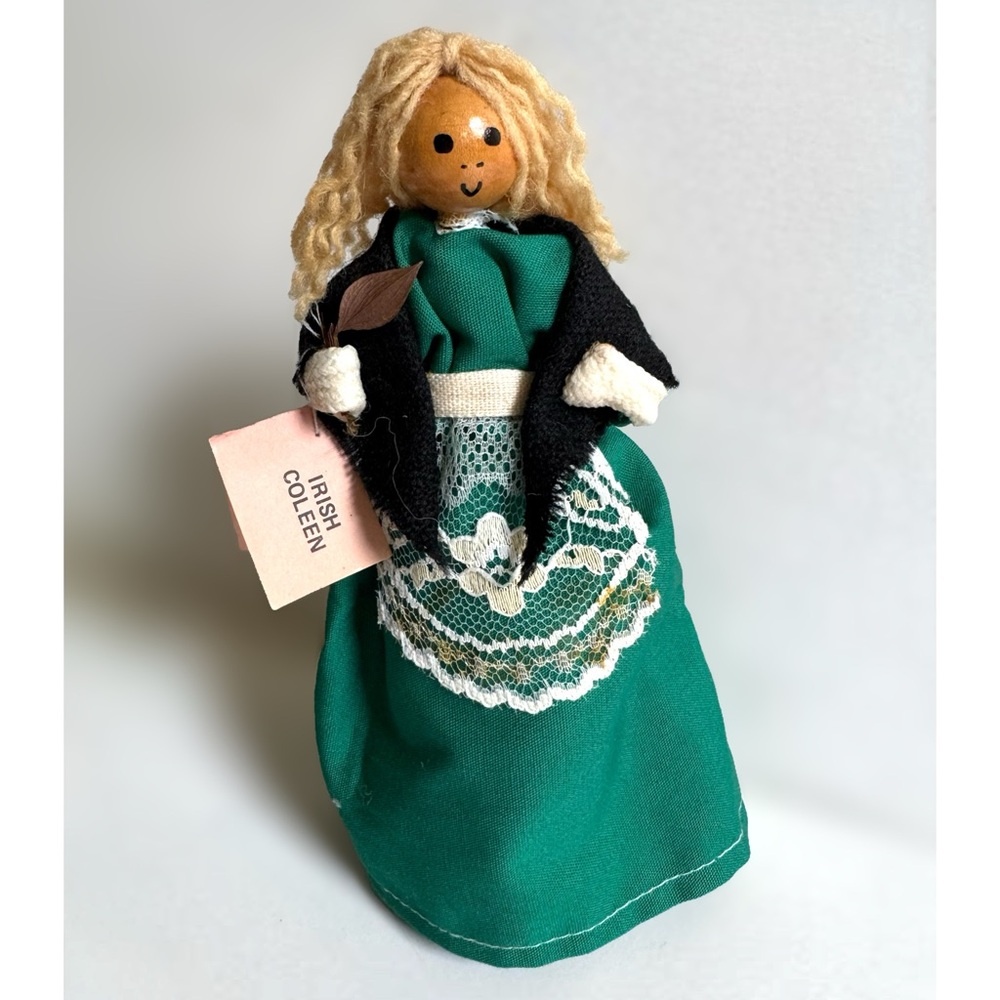 Vtg Irish Coleen Wooden Doll Handmade in Ireland by Mary Doyle Blonde Wood Stand